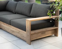 Grand canapé modulaire spécial extérieur en teck et tissu gris foncé 