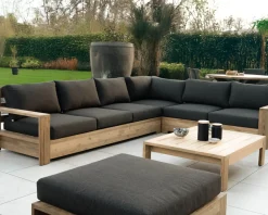 Grand canapé modulaire spécial extérieur en teck et tissu gris foncé 