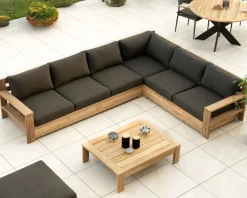 Grand canapé modulaire spécial extérieur en teck et tissu gris foncé 