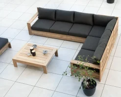 Grand canapé modulaire spécial extérieur en teck et tissu gris foncé 