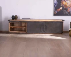 Grand meuble télé "Caractère" 200cm 2 portes 2 tiroirs métal et bois