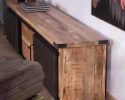 Grand meuble télé "Caractère" 200cm 2 portes 2 tiroirs métal et bois
