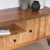 Grand meuble TV 195 cm en acacia façades gaufrées et pieds métal "Wendy"