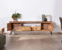 Grand meuble TV 195 cm en acacia façades gaufrées et pieds métal 