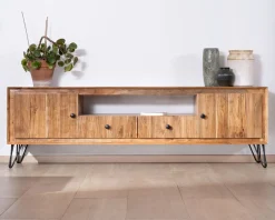 Grand meuble TV 195 cm en acacia façades gaufrées et pieds métal 