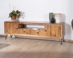 Grand meuble TV 195 cm en acacia façades gaufrées et pieds métal 