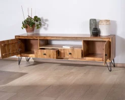 Grand meuble TV 195 cm en acacia façades gaufrées et pieds métal 