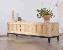 Grand meuble TV 180 cm en manguier massif avec portes, niches et tiroirs "Gola"