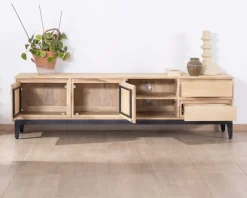 Grand meuble TV 180 cm en manguier massif avec portes, niches et tiroirs 