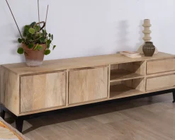 Grand meuble TV 180 cm en manguier massif avec portes, niches et tiroirs 