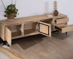 Grand meuble TV 180 cm en manguier massif avec portes, niches et tiroirs 