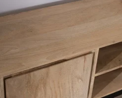 Grand meuble TV 180 cm en manguier massif avec portes, niches et tiroirs 