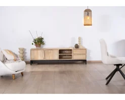 Grand meuble TV 180 cm en manguier massif avec portes, niches et tiroirs 