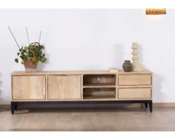 Grand meuble TV 180 cm en manguier massif avec portes, niches et tiroirs 