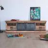 Grand meuble TV bas 180cm bois naturel massif et métal gris "Haden"