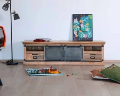 Grand meuble TV bas 180cm bois naturel massif et métal gris "Haden"