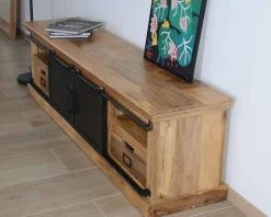 Grand meuble TV bas 180cm bois naturel massif et métal gris "Haden"
