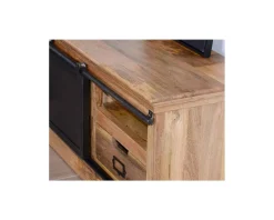 Grand meuble TV bas 180cm bois naturel massif et métal gris 