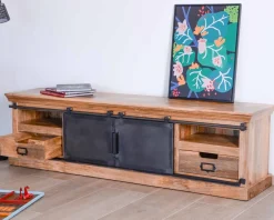 Grand meuble TV bas 180cm bois naturel massif et métal gris 
