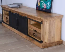 Grand meuble TV bas 180cm bois naturel massif et métal gris 