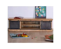 Grand meuble TV bas 180cm bois naturel massif et métal gris 