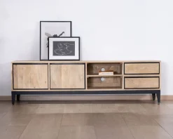 Grand meuble TV bicolore en manguier avec portes, niches et tiroirs 