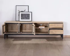 Grand meuble TV bicolore en manguier avec portes, niches et tiroirs 