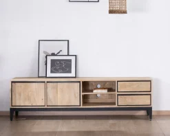 Grand meuble TV bicolore en manguier avec portes, niches et tiroirs 