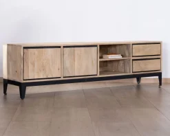 Grand meuble TV bicolore en manguier avec portes, niches et tiroirs 