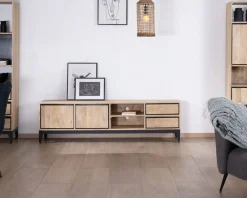 Grand meuble TV bicolore en manguier avec portes, niches et tiroirs 
