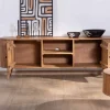 Grand meuble TV 175cm design arrondi vintage acacia massif "Boomer" 2 portes et 2 niches