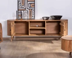 Grand meuble TV 175cm design arrondi vintage acacia massif "Boomer" 2 portes et 2 niches