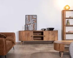 Grand meuble TV 175cm design arrondi vintage acacia massif "Boomer" 2 portes et 2 niches