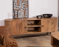 Grand meuble TV 175cm design arrondi vintage acacia massif 