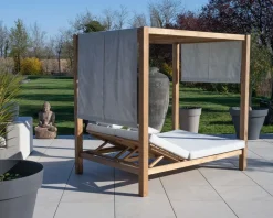 Lit de jardin en teck et tissu spécial extérieur gris clair