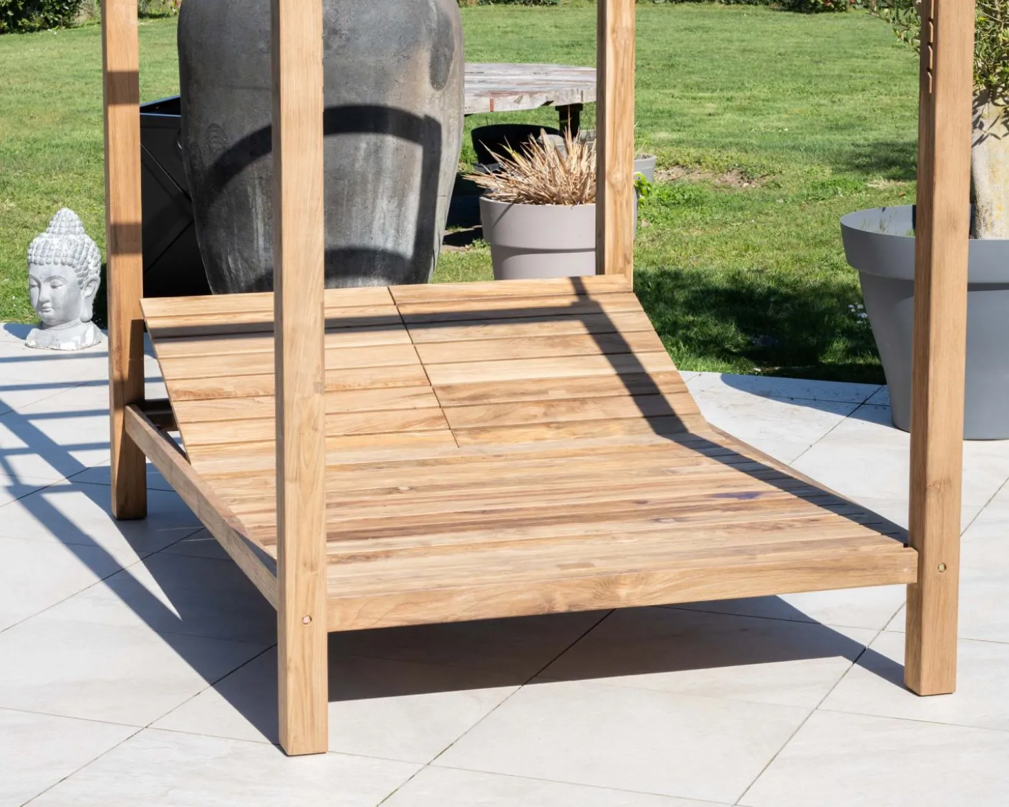 Lit de jardin en teck et tissu spécial extérieur gris clair "Eclipse"