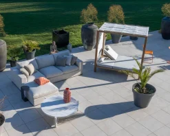 Lit de jardin en teck et tissu spécial extérieur gris clair