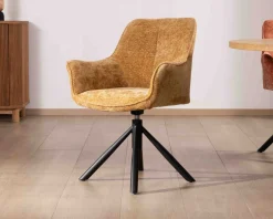 Lot de 2 chaises avec accoudoirs en tissu jaune et pied métal pivotant 