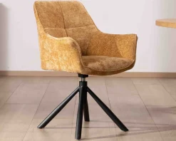 Lot de 2 chaises avec accoudoirs en tissu jaune et pied métal pivotant 