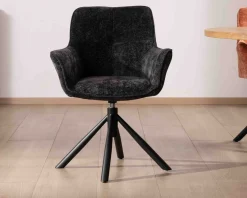 Lot de 2 chaises avec accoudoirs en tissu noir et pied métal pivotant "Ewing"