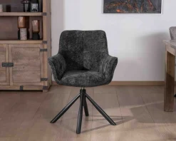 Lot de 2 chaises avec accoudoirs en tissu noir et pied métal pivotant 