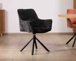 Lot de 2 chaises avec accoudoirs en tissu noir et pied métal pivotant 