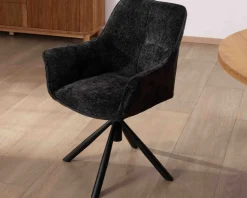 Lot de 2 chaises avec accoudoirs en tissu noir et pied métal pivotant 