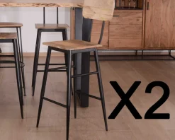 Lot de 2 chaises de bar avec dossier métal et bois "Atelier Kraft"