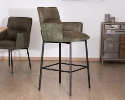 Lot de 2 chaises de bar bi-matière vert et pieds en métal noir "Lokka" effet cuir vieilli esprit rétro