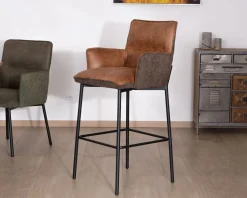 Lot de 2 chaises de bar bi-matière cognac et marron "Lokka" esprit rétro