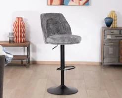 Lot de 2 chaises de bar hauteur réglable en velours gris et pied métal noir "Zoung"