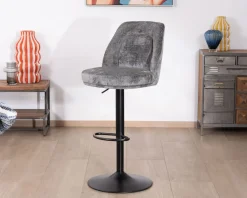 Lot de 2 chaises de bar hauteur réglable en velours gris et pied métal noir