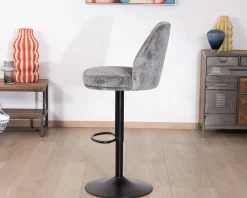 Lot de 2 chaises de bar hauteur réglable en velours gris et pied métal noir