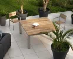 Lot de 4 chaises de jardin empilables en teck et acier inoxydable 